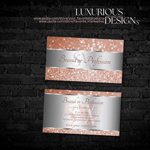 Luxury Rose Gold Glitter Stars Monogram Silver Business Card