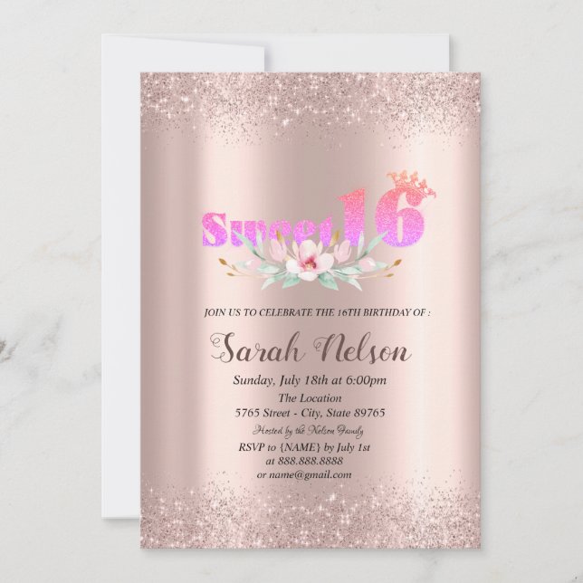 Luxury Rose Gold Glitter Watercolor Flower 16 Invitation (Front)