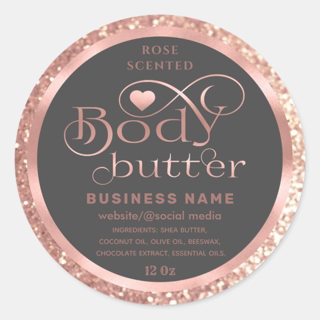 Luxury rose gold glittery script body butter label (Front)