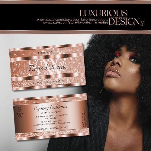 Luxury Rose Gold Luminous Glitter Stars Monogram  Business Card