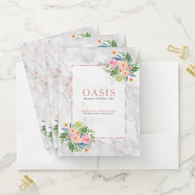Luxury Rose-gold Marble & Colorful Flowers Bouquet Pocket Folder (In Situ)