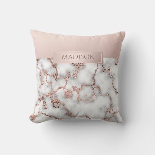 Luxury Rose Gold Marble Name Monogram Throw Pillow