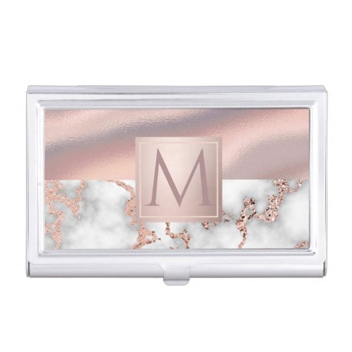 Luxury Rose Gold Marble Shimmer Foil Monogram Business Card Case