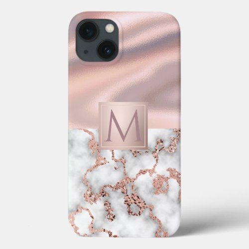 Luxury Rose Gold Marble Shimmer Foil Monogram iPhone 13 Case