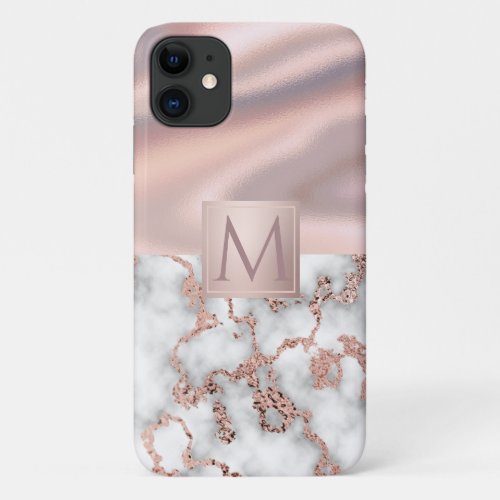 Luxury Rose Gold Marble Shimmer Foil Monogram iPhone 11 Case