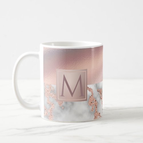 Luxury Rose Gold Marble Shimmer Foil Monogram Coffee Mug