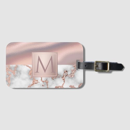 Luxury Rose Gold Marble Shimmer Foil Monogram Luggage Tag