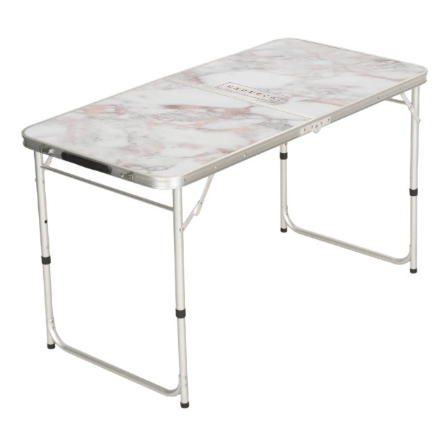 Luxury rose-gold marble texture monogram beer pong table (Angled)