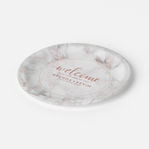 Luxury Rose_gold Marble Welcome Typography Paper Plates