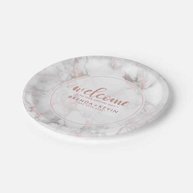 Luxury Rose-gold Marble Welcome Typography Paper Plates (Angled)