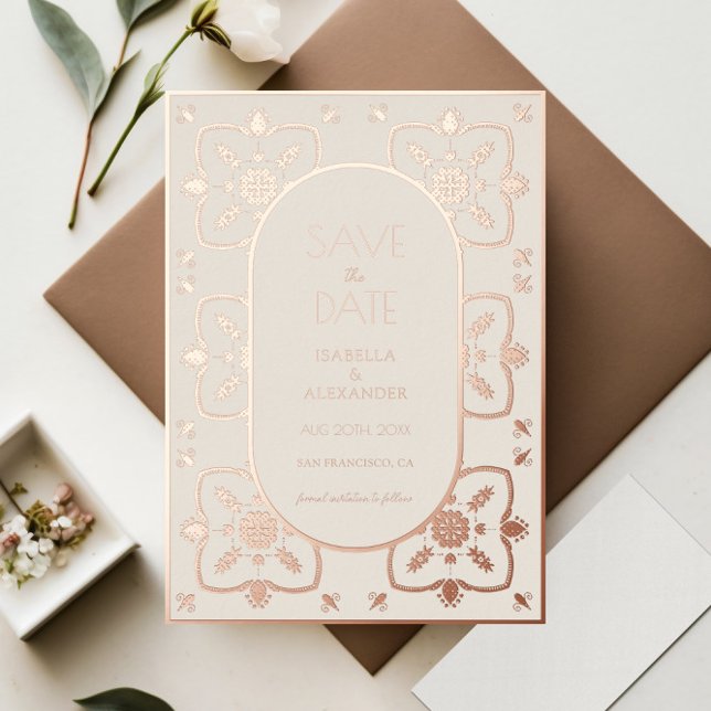 Luxury Rose Gold Mediterranean Tile Save the Date Foil Invitation (Creator Uploaded)