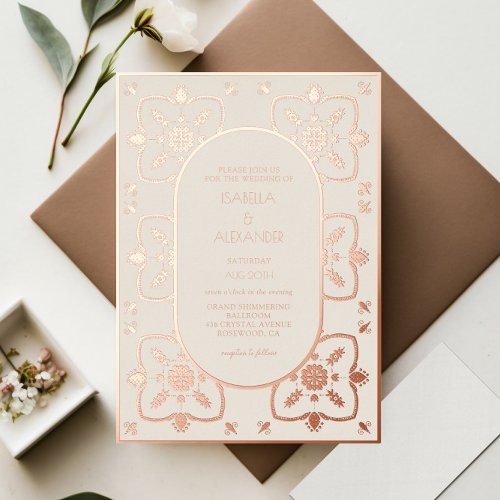 Luxury Rose Gold Mediterranean Tile Wedding Foil Invitation