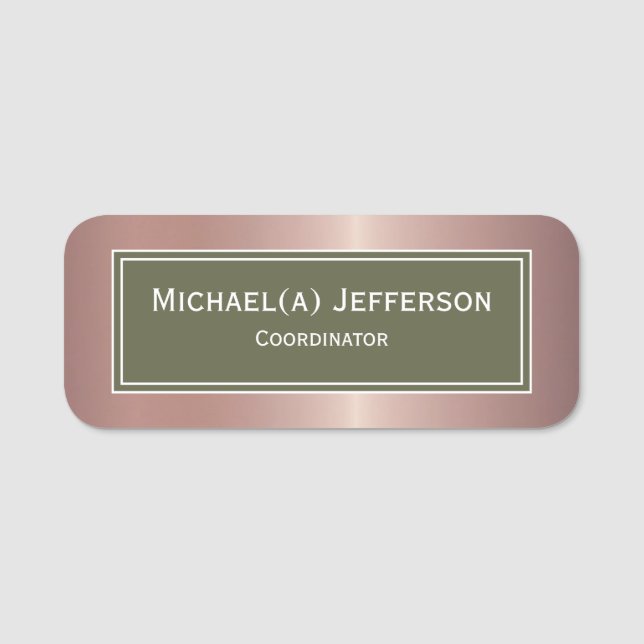 Luxury Rose Gold Metallic & Moss Green Name Tag (Front)