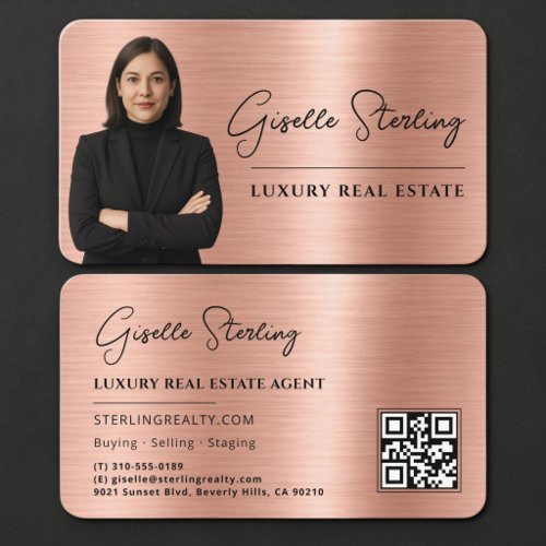 Luxury Rose Gold Metallic Realtor Photo QR Code Business Card
