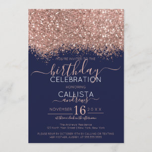 Luxury Rose Gold Navy Glitter Confetti Birthday Invitation
