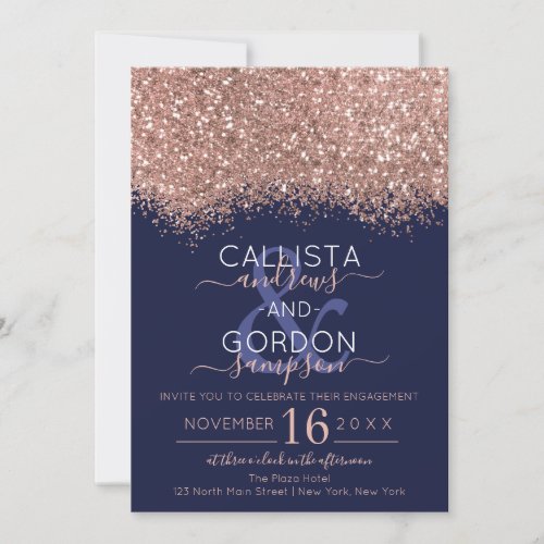Luxury Rose Gold Navy Glitter Confetti Engagement Invitation