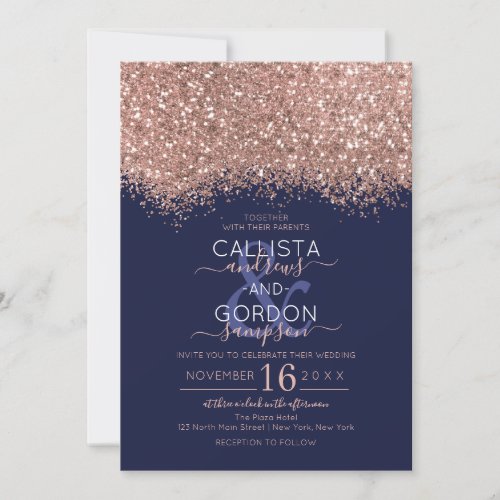 Luxury Rose Gold Navy Glitter Confetti Wedding Invitation