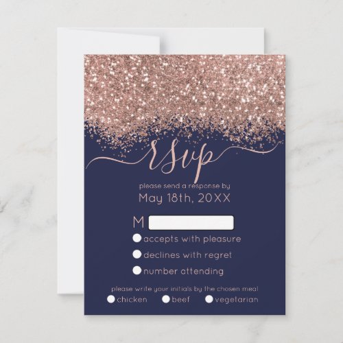 Luxury Rose Gold Navy Glitter Confetti Wedding RSVP Card