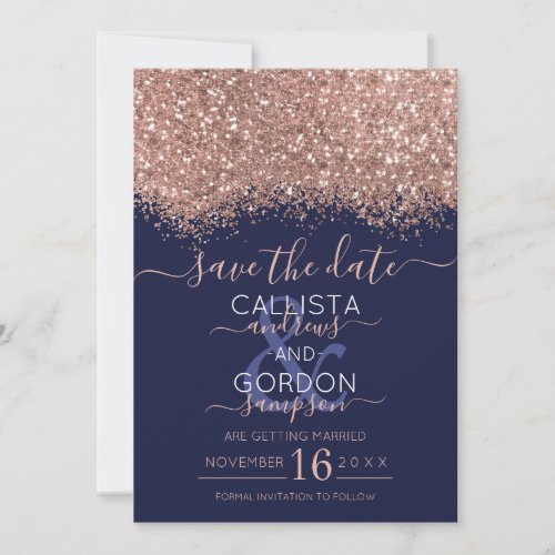 Luxury Rose Gold Navy Glitter Confetti Wedding Save The Date