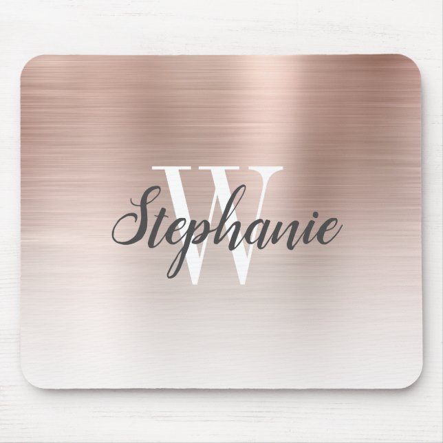 Luxury Rose Gold Ombre Brushed Metal Monogram Mouse Pad (Front)
