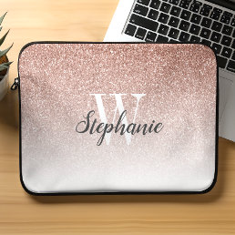 Luxury Rose Gold Ombre Faux Glitter Monogram Laptop Sleeve