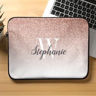 Luxury Rose Gold Ombre Faux Glitter Monogram Laptop Sleeve