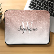 Luxury Rose Gold Ombre Faux Glitter Monogram Laptop Sleeve