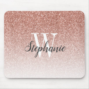 Luxury Rose Gold Ombre Faux Glitter Monogram Mouse Pad