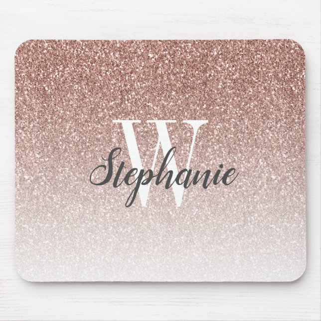 Luxury Rose Gold Ombre Faux Glitter Monogram Mouse Pad (Front)