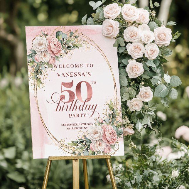 Luxury Rose Gold Peonies 50th Birthday Welcome  Foam Board (Luxury Rose Gold Peonies 50th Birthday Welcome Poster)