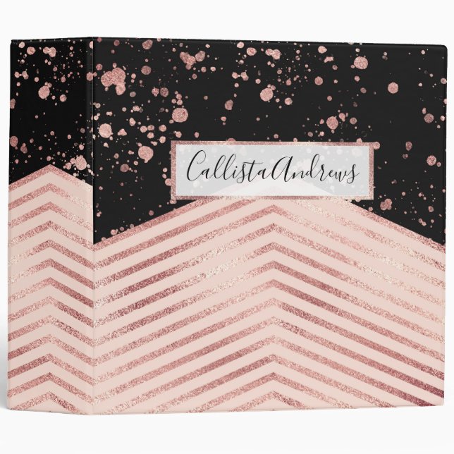 Luxury Rose Gold Pink Black Chevron Paint Splatter 3 Ring Binder (Front/Spine)