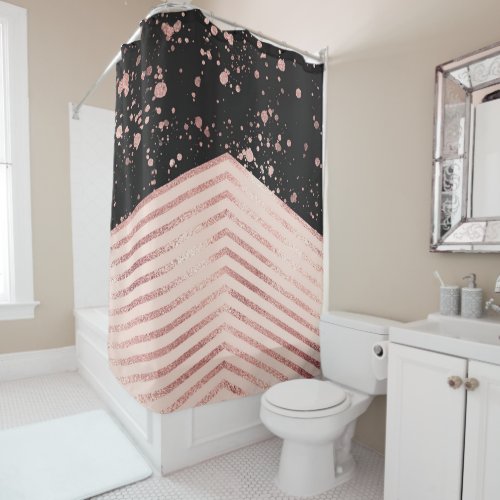 Luxury Rose Gold Pink Black Chevron Paint Splatter Shower Curtain