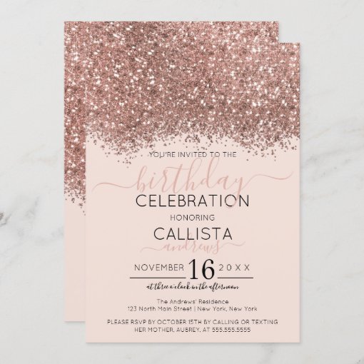 Luxury Rose Gold Pink Glitter Confetti Birthday Invitation | Zazzle