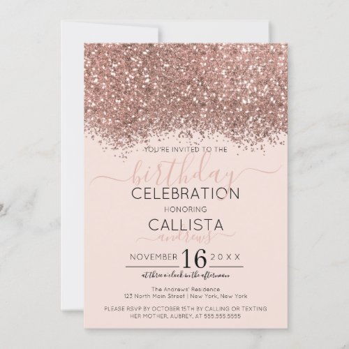 Luxury Rose Gold Pink Glitter Confetti Birthday Invitation