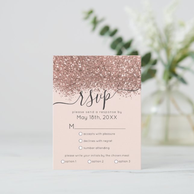 Luxury Rose Gold Pink Glitter Confetti Wedding RSVP Card (Standing Front)