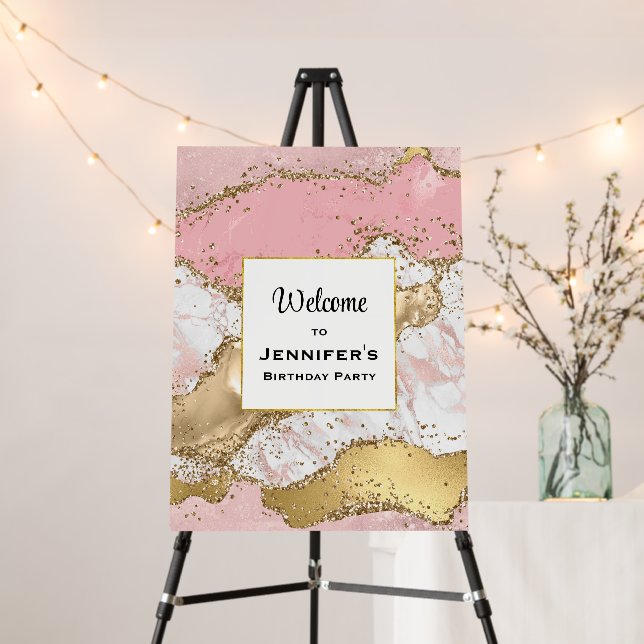 Luxury Rose Gold Pink Marble Birthday Welcome Foam Board (In Situ (Stand))