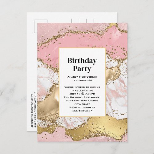 Luxury Rose Gold Pink Marble Design Birthday Invitation Postcard