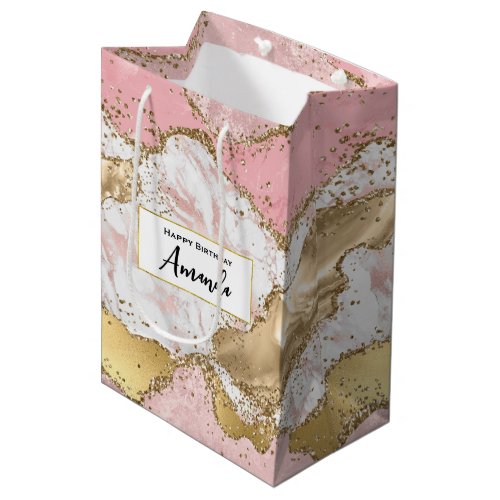 Luxury Rose Gold Pink Marble Design Birthday Medium Gift Bag