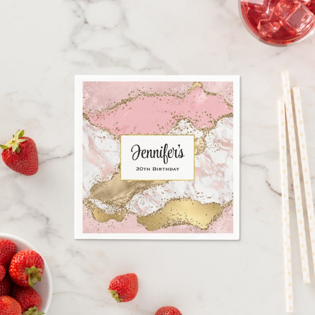 Luxury Rose Gold Pink Marble Design Birthday Napkins (Insitu)