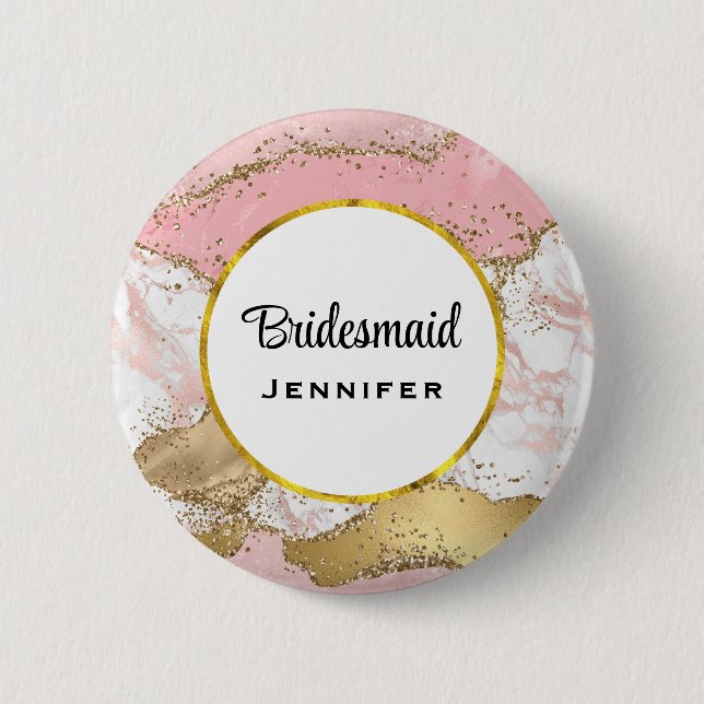Luxury Rose Gold Pink Marble Design Bridesmaid Button (Front)