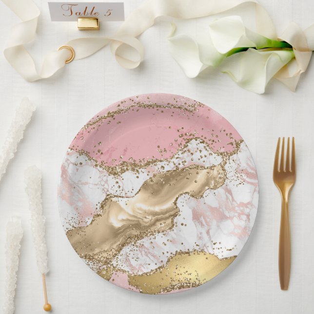 Luxury Rose Gold Pink Marble Design Paper Plates (Wedding)