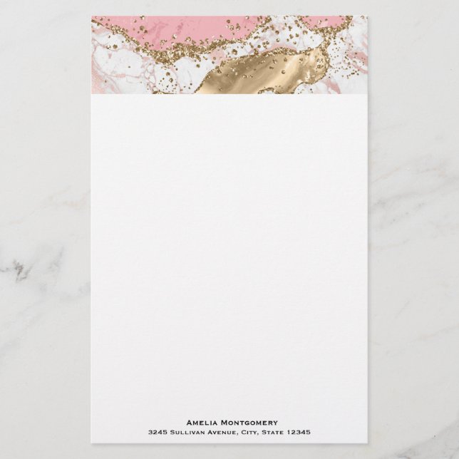 Luxury Rose Gold Pink Marble Design Stationery (Front)