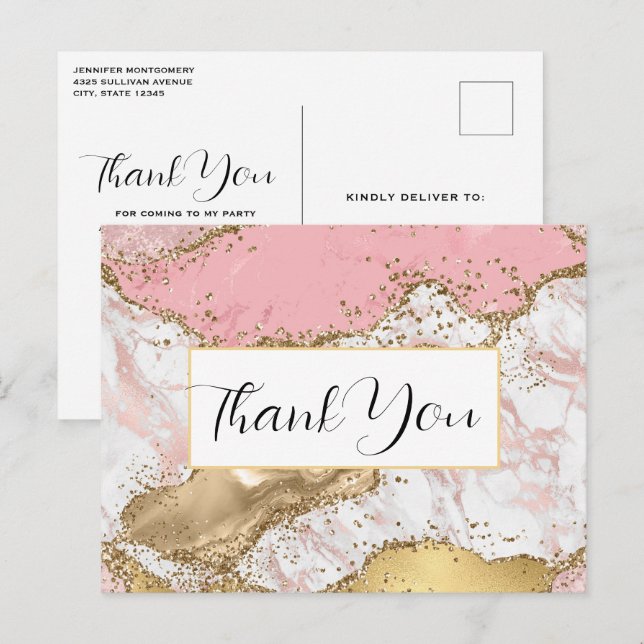Luxury Rose Gold Pink Marble Design Thank You Postcard (Front/Back)