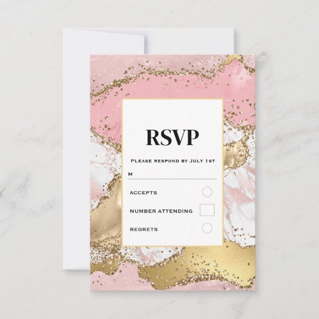 Luxury Rose Gold Pink Marble Design Wedding RSVP Card (Front)
