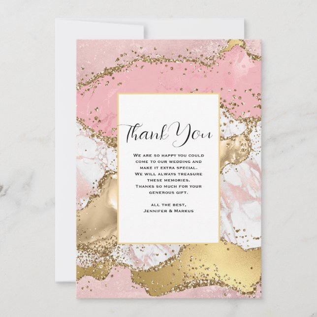 Luxury Rose Gold Pink Marble Design Wedding Thank You Card (Front)