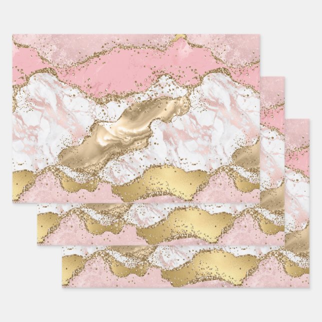 Luxury Rose Gold Pink Marble Design Wrapping Paper Sheets (Set)
