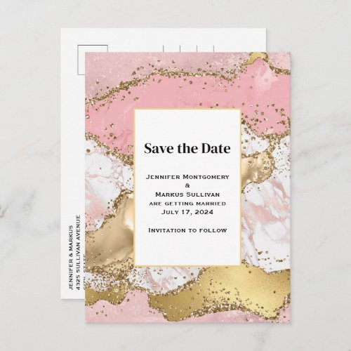 Luxury Rose Gold Pink Marble Wedding Save the Date Invitation Postcard