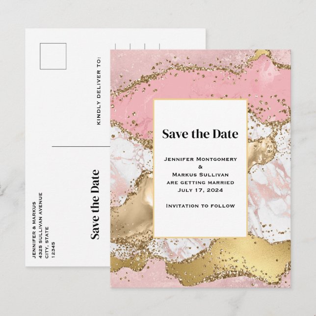 Luxury Rose Gold Pink Marble Wedding Save the Date Invitation Postcard (Front/Back)