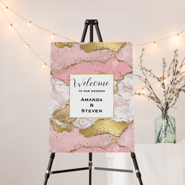 Luxury Rose Gold Pink Marble Wedding Welcome Foam Board (In Situ (Stand))
