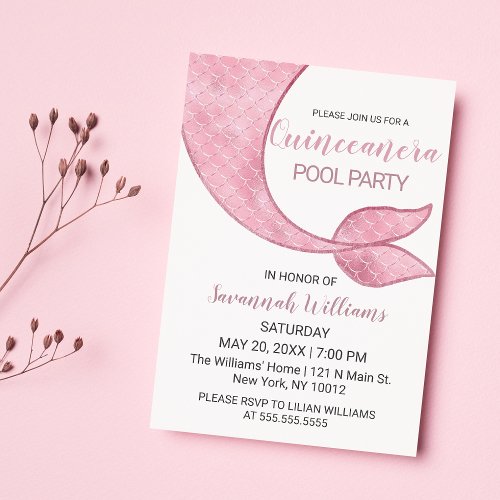 Luxury Rose Gold Pink Mermaid Tail Quinceaera Invitation